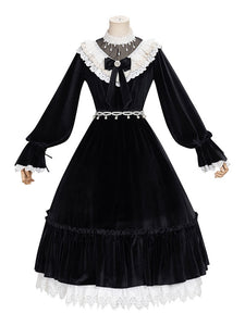 Sweet Lolita OP Dress 4-Piece Set Beaded Bows Black Long Sleeves Lolita One Piece Dresses Outfit