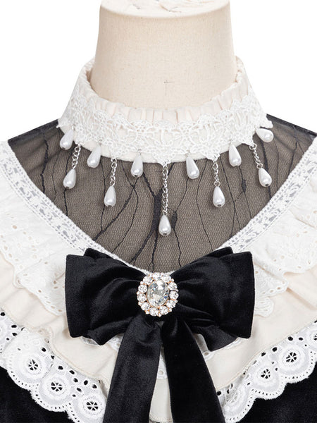 Sweet Lolita OP Dress 4-Piece Set Beaded Bows Black Long Sleeves Lolita One Piece Dresses Outfit