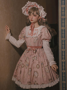 Sweet Lolita OP Dress 4-Piece Set Polyester Long Sleeves Ruffles Floral Print Dark Pink Sweet Lolita One Piece Outfit