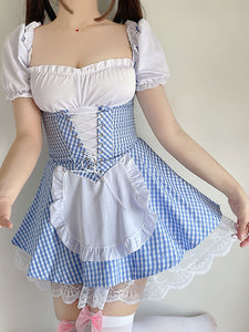 Sweet Lolita OP Dress Baby Blue Lace Up Plaid Ruffle Maid Lolita One Piece Dresses