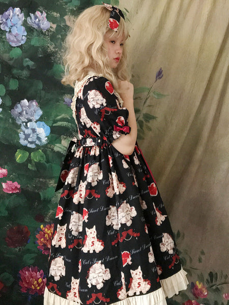 Sweet Lolita OP Dress Black Polyester Cat Pattern Ruffles Summer Lolita One Piece Dresses