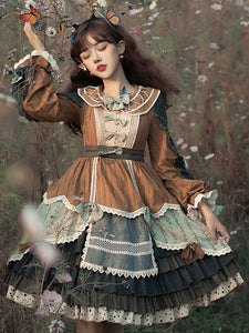 Sweet Lolita OP Dress Bows Lace Up Coffee Brown Long Sleeves Lolita One Piece Dresses