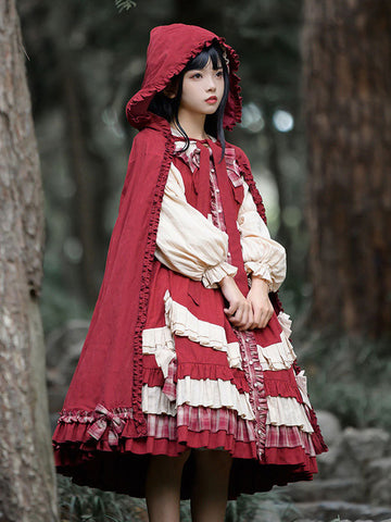 Sweet Lolita OP Dress Burgundy Polyester Long Sleeves Bows Ruffles Lolita One Piece Dress