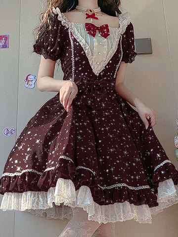 Sweet Lolita OP Dress Burgundy Short Sleeves Ruffles Chiffon Bows Lolita One Piece Dress