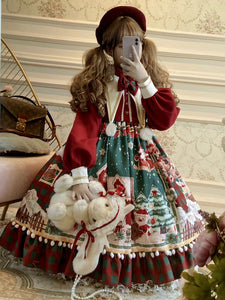 Sweet Lolita OP Dress Christmas Pattern Long Sleeve Polyester Red Christmas Lolita One Piece Dresses