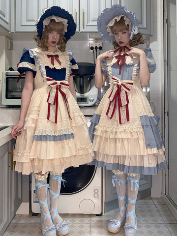 Sweet Lolita OP Dress Cotton Short Sleeves Bows Ruffles Lace Blue Lolita One Piece Dress
