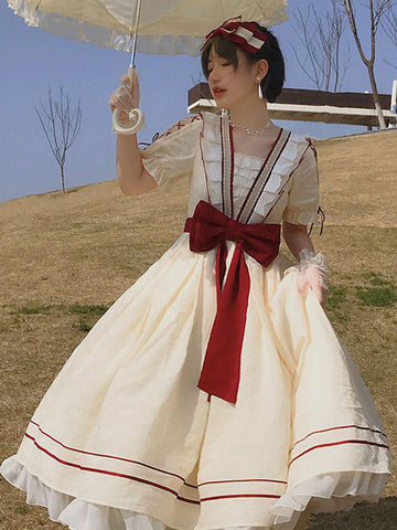 Sweet Lolita OP Dress Cotton Short Sleeves Ruffles Bows Light Apricot Lolita One Piece Dress