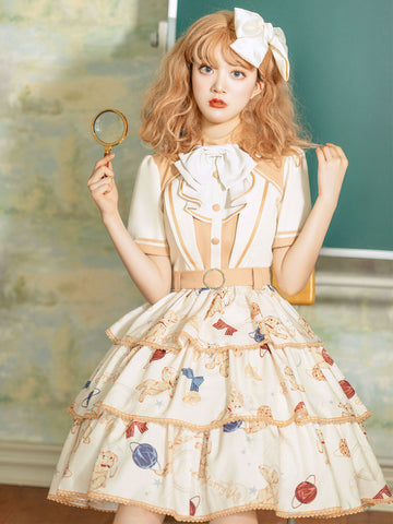 Sweet Lolita OP Dress Deep Apricot Short Sleeve Buttons Tiered Academic Lolilat One Piece Dress