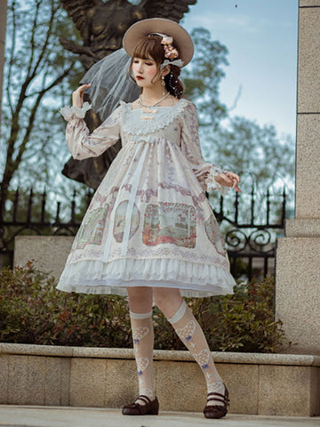 Sweet Lolita OP Dress Eric White Polyester Long Sleeves Ruffles Floral Print Sweet Dress Lolita One Piece Dress
