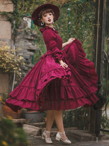 Sweet Lolita OP Dress Floral Print Burgundy Ruffles Lolita One Piece Dresses
