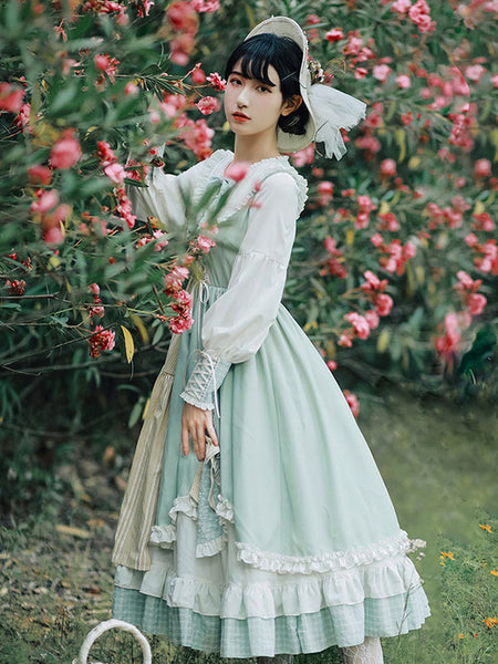 Sweet Lolita OP Dress Green Polyester Long Sleeve Bowknot Ruffle Lolita One Piece Dresses