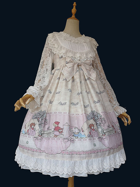 Sweet Lolita OP Dress Infanta Fairytale Floral Print Light Sky Blue Pleated Lolita One Piece Dresses