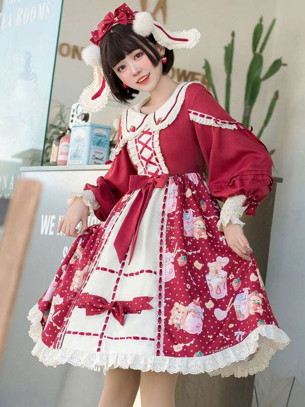 Sweet Lolita OP Dress Lace Up Bowknot Long Sleeves Ture Red Lolita One Piece Dresses Jump Skirt