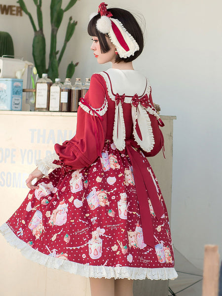 Sweet Lolita OP Dress Lace Up Bowknot Long Sleeves Ture Red Lolita One Piece Dresses Jump Skirt