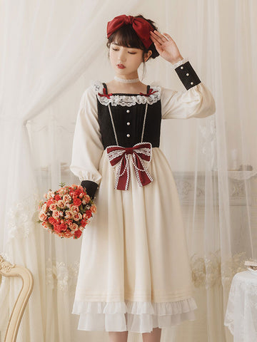 Sweet Lolita OP Dress Lace White Polyester Long Sleeves Red Bowknot Ruffles Snow White Traditional Lolita One Piece Dresses