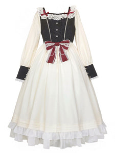 Sweet Lolita OP Dress Lace White Polyester Long Sleeves Red Bowknot Ruffles Snow White Traditional Lolita One Piece Dresses