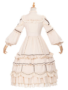 Sweet Lolita OP Dress Light Apricot Polyester Long Sleeves Cascading Ruffles Lace Up Criss-Cross Lolita One Piece Dress