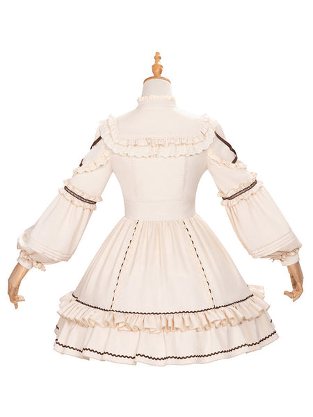 Sweet Lolita OP Dress Light Apricot Polyester Long Sleeves Cascading Ruffles Lace Up Criss-Cross Lolita One Piece Dress