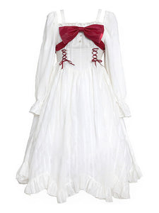 Sweet Lolita OP Dress Long Sleeves Bowknot Lace Up Ruffles Casual Lolita One Piece Dress