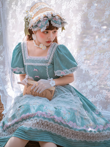 Sweet Lolita OP Dress Mint Green Short Sleeve Polyester Lace Daily Casual Lolita One Piece Dresses
