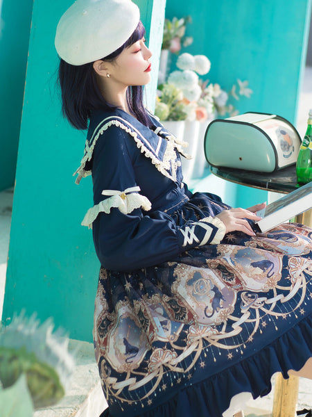 Sweet Lolita OP Dress Navy Blue Metal Details Bowknot Polyester Lolita One Piece Dresses Lolita Jumpskirt