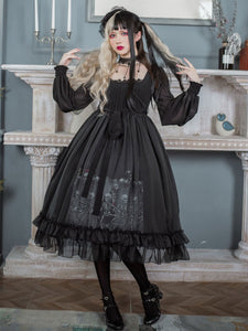 Sweet Lolita OP Dress Neverland Bows Cascading Ruffles Black Floral Print Long Sleeves Lolita One Piece Dresses