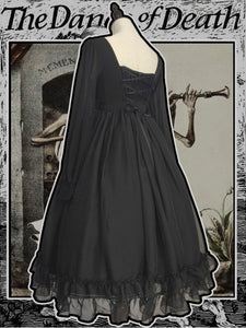 Sweet Lolita OP Dress Neverland Bows Cascading Ruffles Black Floral Print Long Sleeves Lolita One Piece Dresses