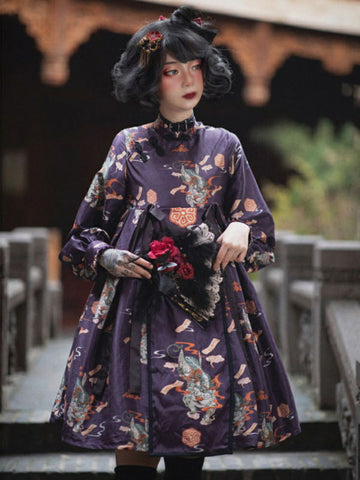 Sweet Lolita OP Dress Neverland Draped Bows Deep Purple Floral Print Long Sleeves Polyester Lolita One Piece Dresses