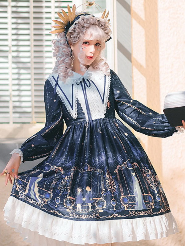 Sweet Lolita OP Dress Neverland Floral Print Deep Blue Ruffles Lolita One Piece Dresses
