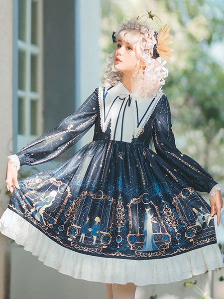 Sweet Lolita OP Dress Neverland Floral Print Deep Blue Ruffles Lolita One Piece Dresses