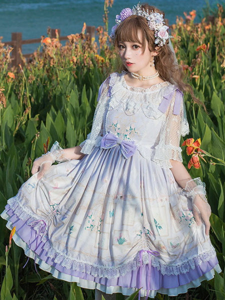 Sweet Lolita OP Dress Neverland Floral Print Light Sky Blue Ruffles Lo ...