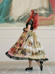 Sweet Lolita OP Dress Neverland Floral Print Sleeve Black Bows Cascading Ruffles Lolita Dresses
