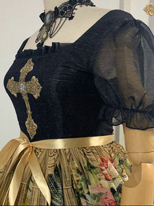 Sweet Lolita OP Dress Neverland Floral Print Sleeve Black Bows Cascading Ruffles Lolita Dresses