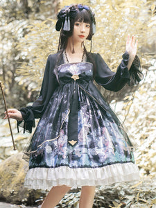 Sweet Lolita OP Dress Neverland Floral Print Teal Ruffles Black Lolita One Piece Dresses