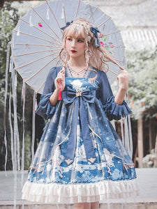 Sweet Lolita OP Dress Neverland Floral Print Teal Ruffles Black Lolita One Piece Dresses