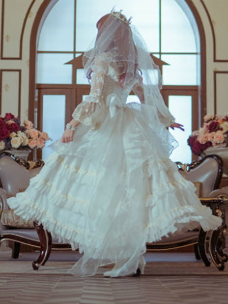 Sweet Lolita OP Dress Neverland Ruffles Floral Print Long Sleeves White Lolita One Piece Dresses
