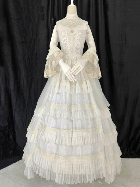 Sweet Lolita OP Dress Neverland Ruffles Floral Print Long Sleeves White Lolita One Piece Dresses