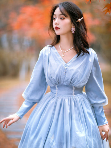 Sweet Lolita OP Dress Pleated Nets Light Sky Blue Long Sleeves Lolita One Piece Dresses