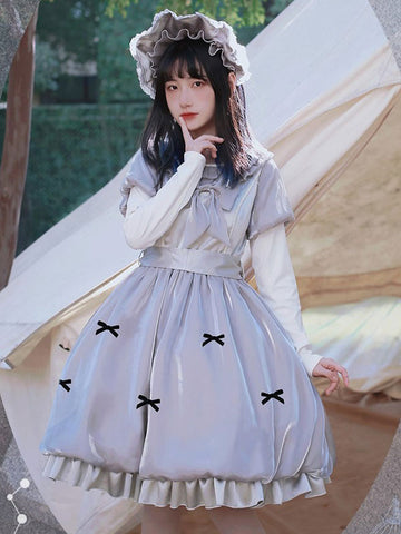 Sweet Lolita OP Dress Polyester Long Sleeves Bows Ruffles Light Gray Lolita One Piece Dress