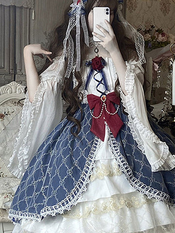 Sweet Lolita OP Dress Polyester Long Sleeves Dress Bow Two-Tone Lace Plaid Pattern Lolita One Piece Dress