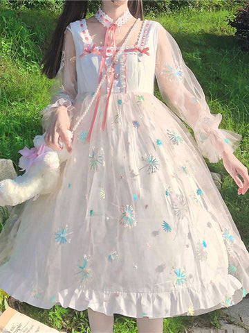 Sweet Lolita OP Dress Polyester Long Sleeves Dress Lace White Lolita One Piece Dress