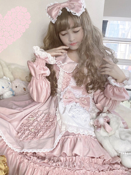 Sweet Lolita OP Dress Polyester Long Sleeves Lace Ruffles Bows Pink Lolita One Piece Dress