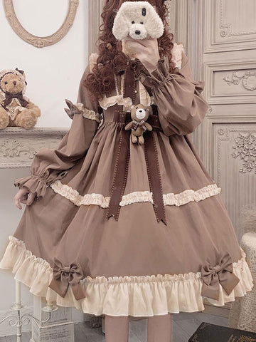 Sweet Lolita OP Dress Polyester Long Sleeves Ruffles Bows Brown Lolita One Piece Dress