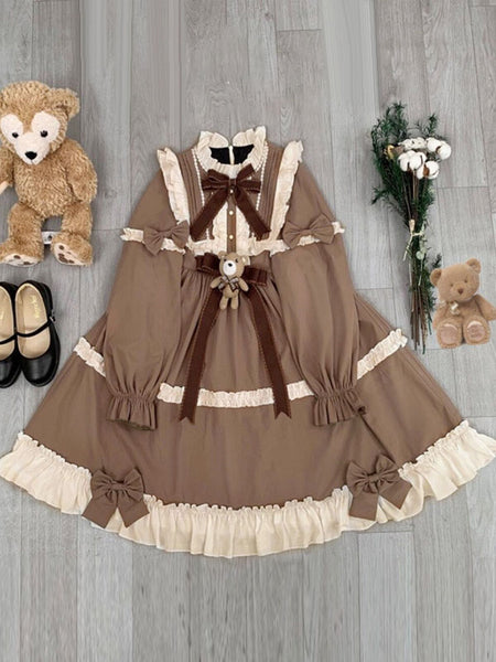 Sweet Lolita OP Dress Polyester Long Sleeves Ruffles Bows Brown Lolita One Piece Dress