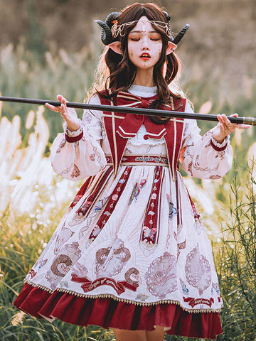 Sweet Lolita OP Dress Polyester Long Sleeves Ruffles Bows Burgundy Lolita One Piece Dress