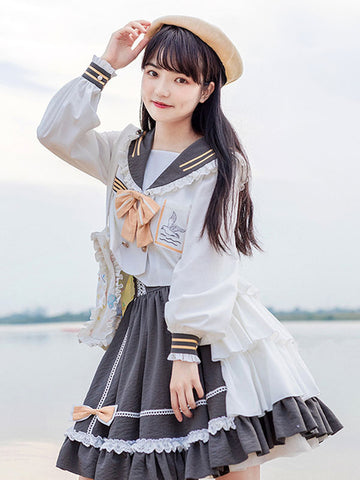 Sweet Lolita OP Dress Polyester Long Sleeves Ruffles Bows White Casual Lolita One Piece Dress
