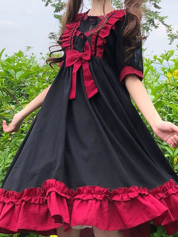 Sweet Lolita OP Dress Polyester Short Sleeves Black Red Bowknot Lolita One Piece Dress