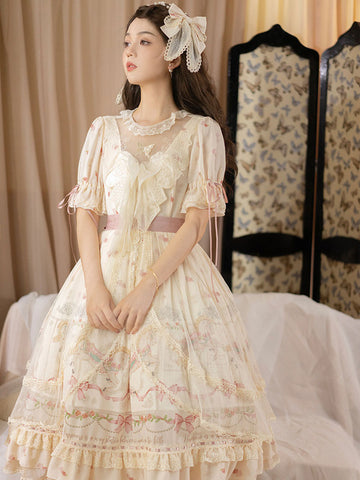 Sweet Lolita OP Dress Polyester Short Sleeves Bows Lace Ruffles Light Apricot Lolita One Piece Dress
