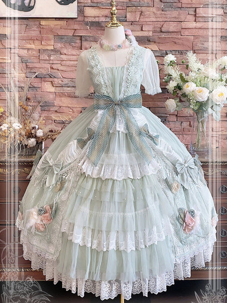 Sweet Lolita OP Dress Polyester Short Sleeves Bows Lace Ruffles Rococo Long Lolita Dress