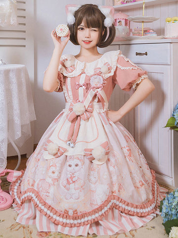 Sweet Lolita OP Dress Polyester Short Sleeves Bows Pom Poms Sweet Lolita One Piece Dress